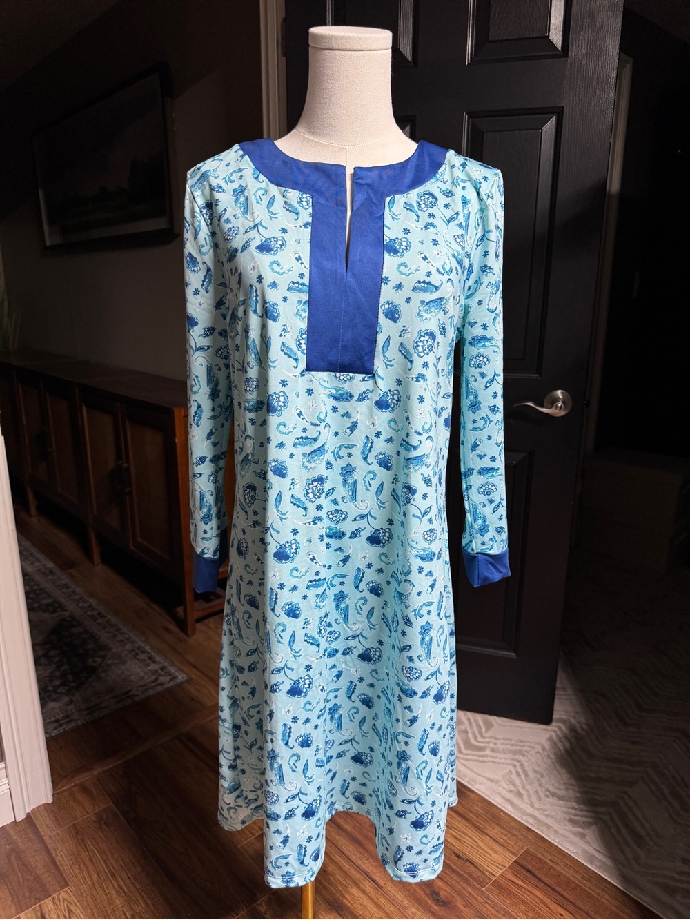 {Cabana Life} Blue Floral Paisley Long Sleeve V-Neck Beach Coverup WSM3